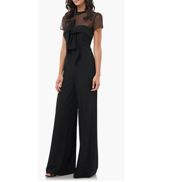 Sophisticated Black Short Sleeve and Mesh Jumpsuit with Bow Detail- size 16 - Picture 2 of 8
